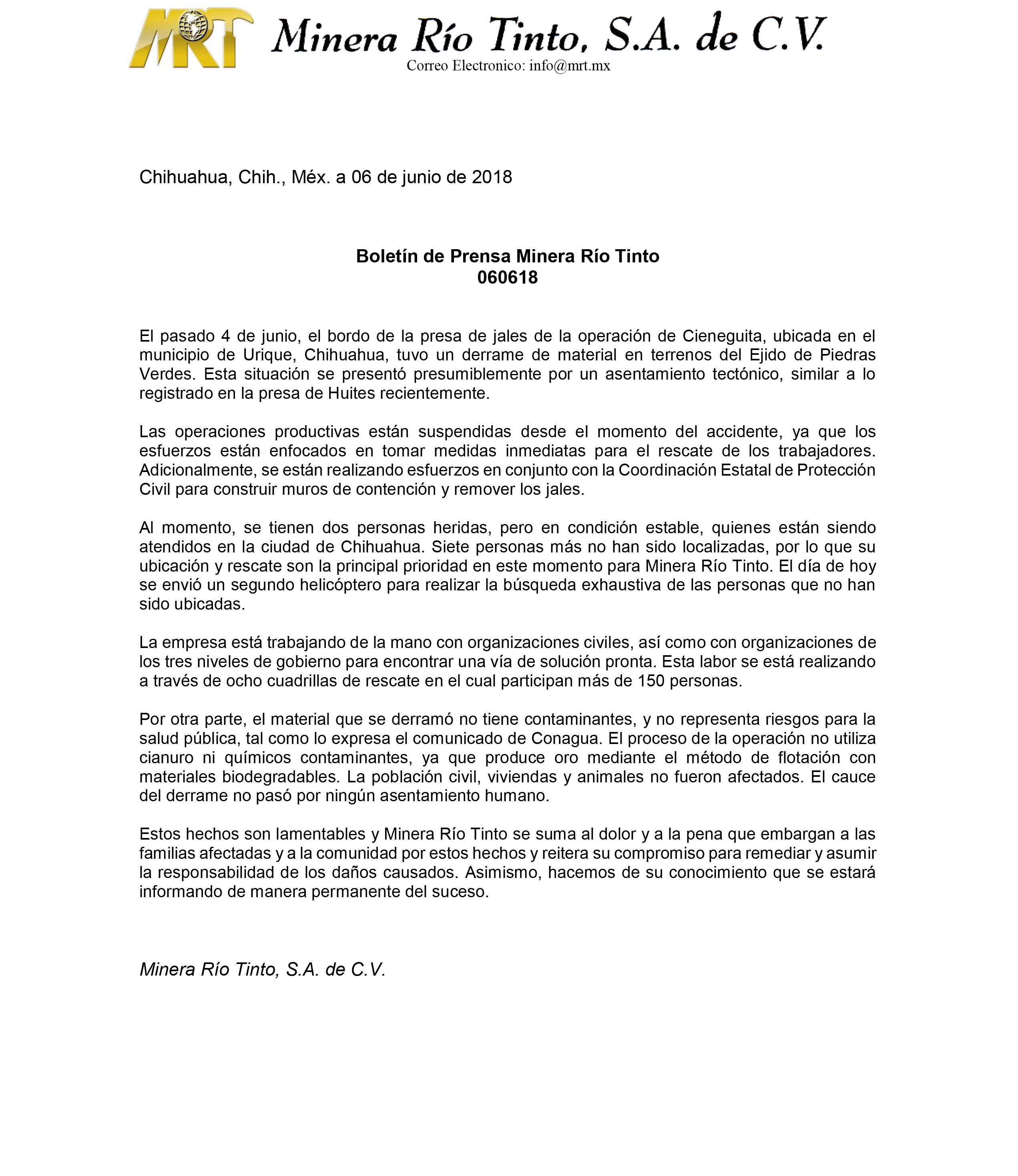 Comunicado de Minera Río Tinto sobre presa de jales